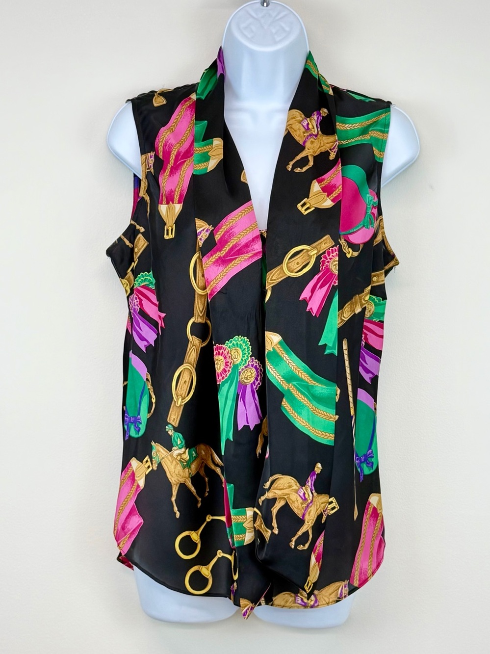 Lauren Ralph Lauren Equestrian Blouse Sz 10 Black Horse Bit Ribbon Tie Neck Top - Picture 2 of 13